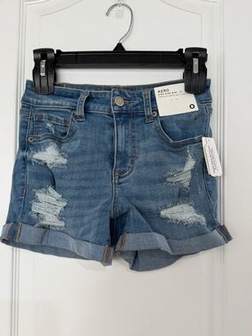 Aeropostale Light Blue Distressed Roll-Cuff Denim Shorts - girls